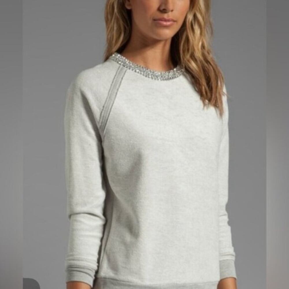 Haute Hippie Crystal Herringbone Neck Sweatshirt Light Heather Grey M NWOT